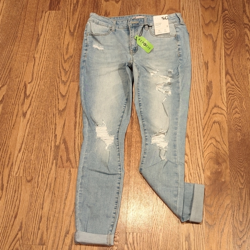 NWT SO Low Rise Jegging +Super Stretch 9/29 Ripped Denim Jeans Faded Blue